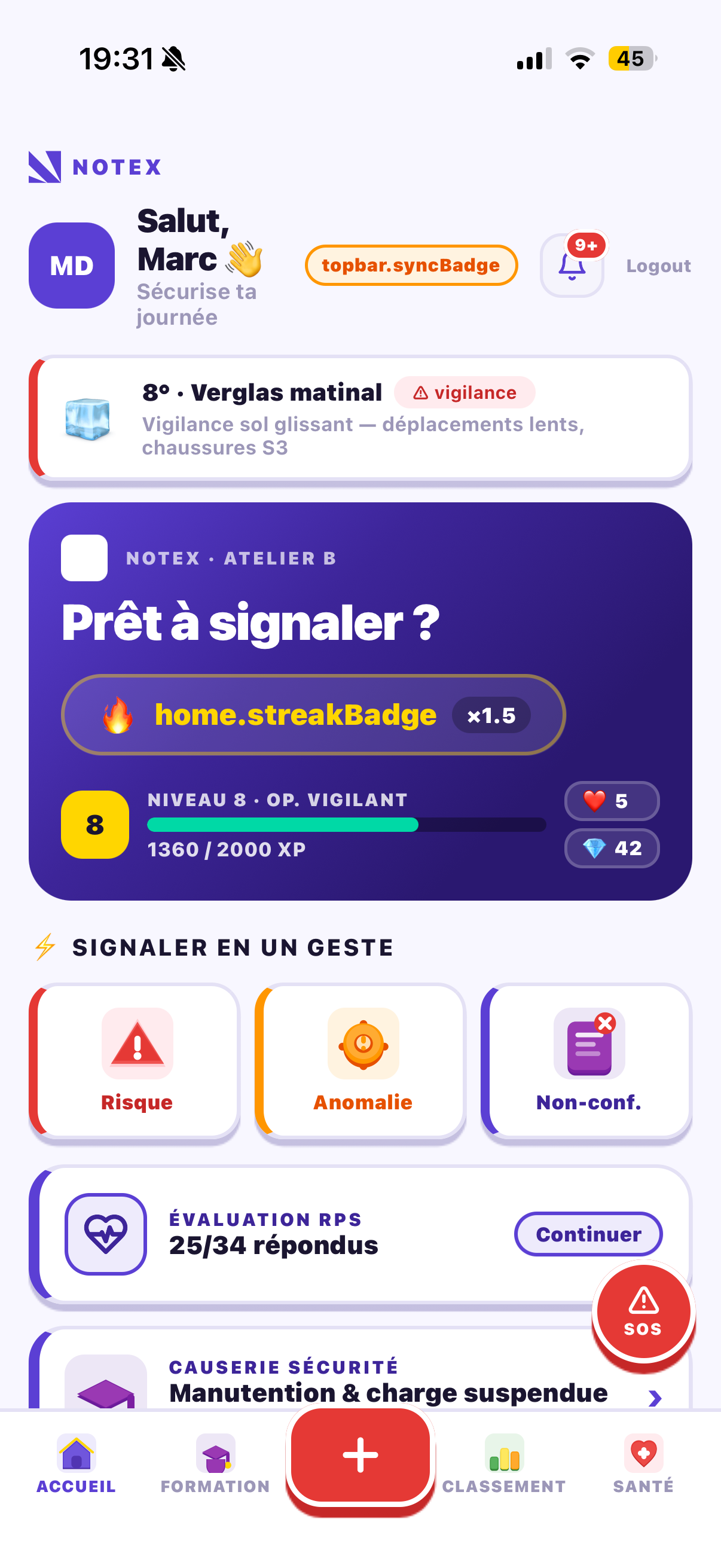 Accueil mobile Notex — Salut Marc, sécurise ta journée